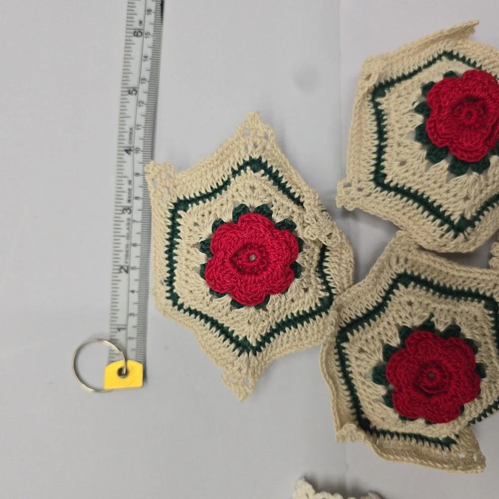 Vintage Handmade Crochet Floral Granny Square Applique Lot Red Rose Green Cream